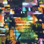 ABSTRACT BLOCKS WITH TEXT AND FLORAL PURPLE, BURNT ORANGE ON MINT JERSEY